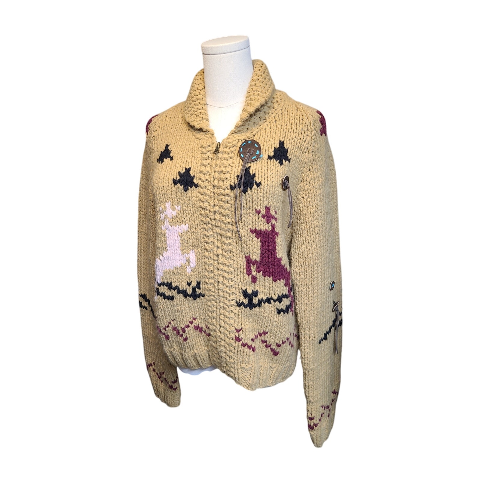 Vintage Rare Cowichan-Style Handknit Raindeer Motif Thick Zip Sweater